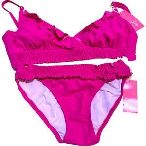 Lisa Curran Swim Bikini Size Small Barbie Pink Ruffle Smocked top & bottom 2pc